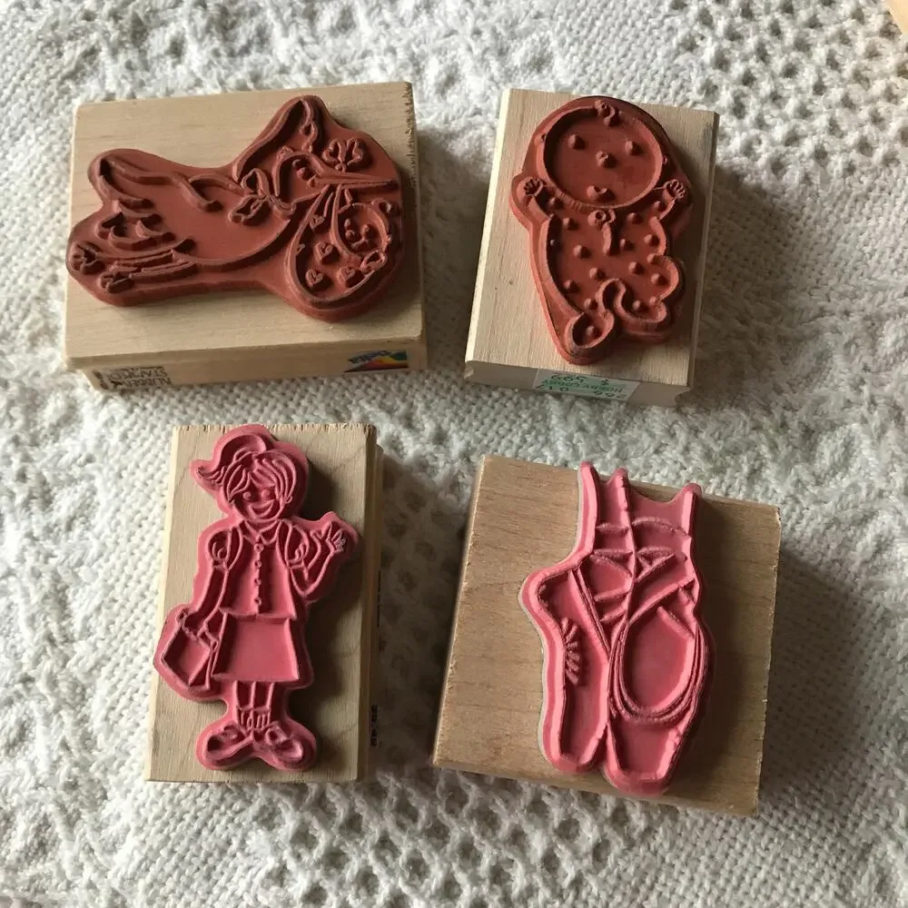Pre-owned Wood-backed Rubber Stamp Baby/Girl Lot 4 stamps stork ballet baby